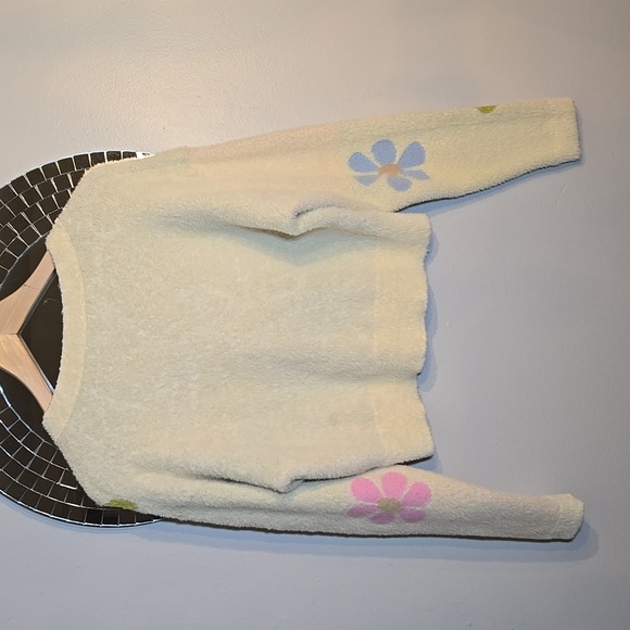 Lush Cropped Viscose Fuzzy Button Front Colorful Daisy Cardigan NWOT - Picture 7 of 11